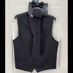 New black formal vest, tie, pocket square and bow tie set.